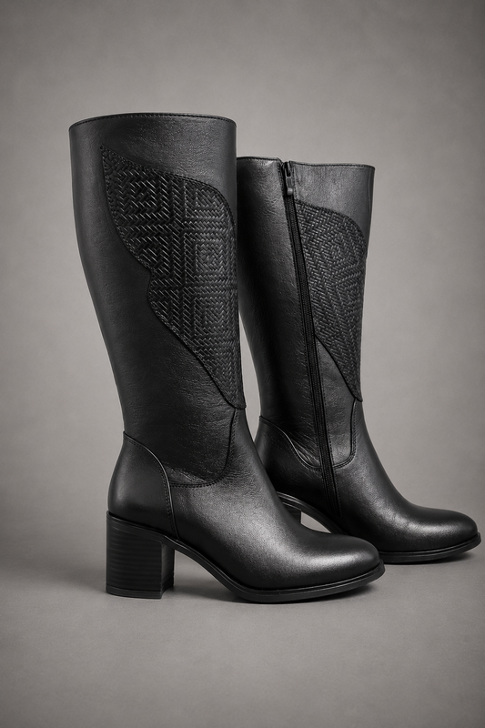 BOTA DE PIEL TACON CUADRADO GRABADO TEJIDO ANTIDERRAPANTE HARLY 497