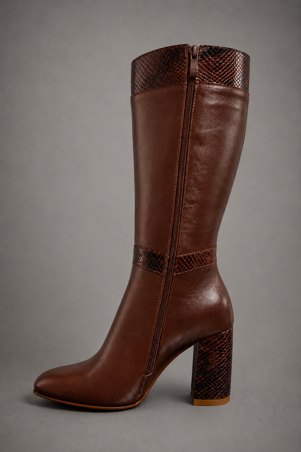 BOTA DE PIEL CON TACON ANCHO PARA DAMA Y DETALLES CON GRABADO DE SERPIENTE FICHI 201