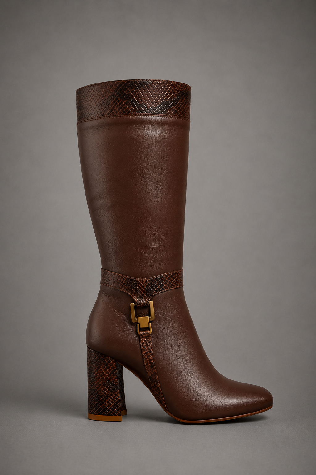 BOTA DE PIEL CON TACON ANCHO PARA DAMA Y DETALLES CON GRABADO DE SERPIENTE FICHI 201