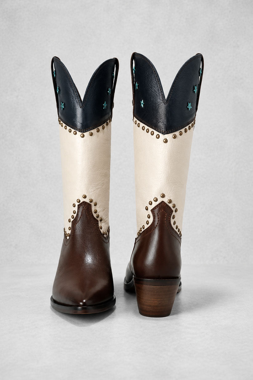 BOTA VAQUERA PARA MUJER EN PIEL CON ESTOPEROLES Y ESTRELLAS
