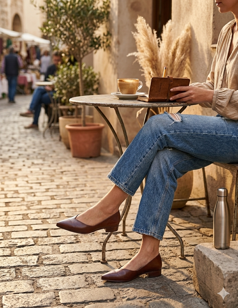 Flats café para mujer elaborados artesanalmente en piel genuina de vacuno.